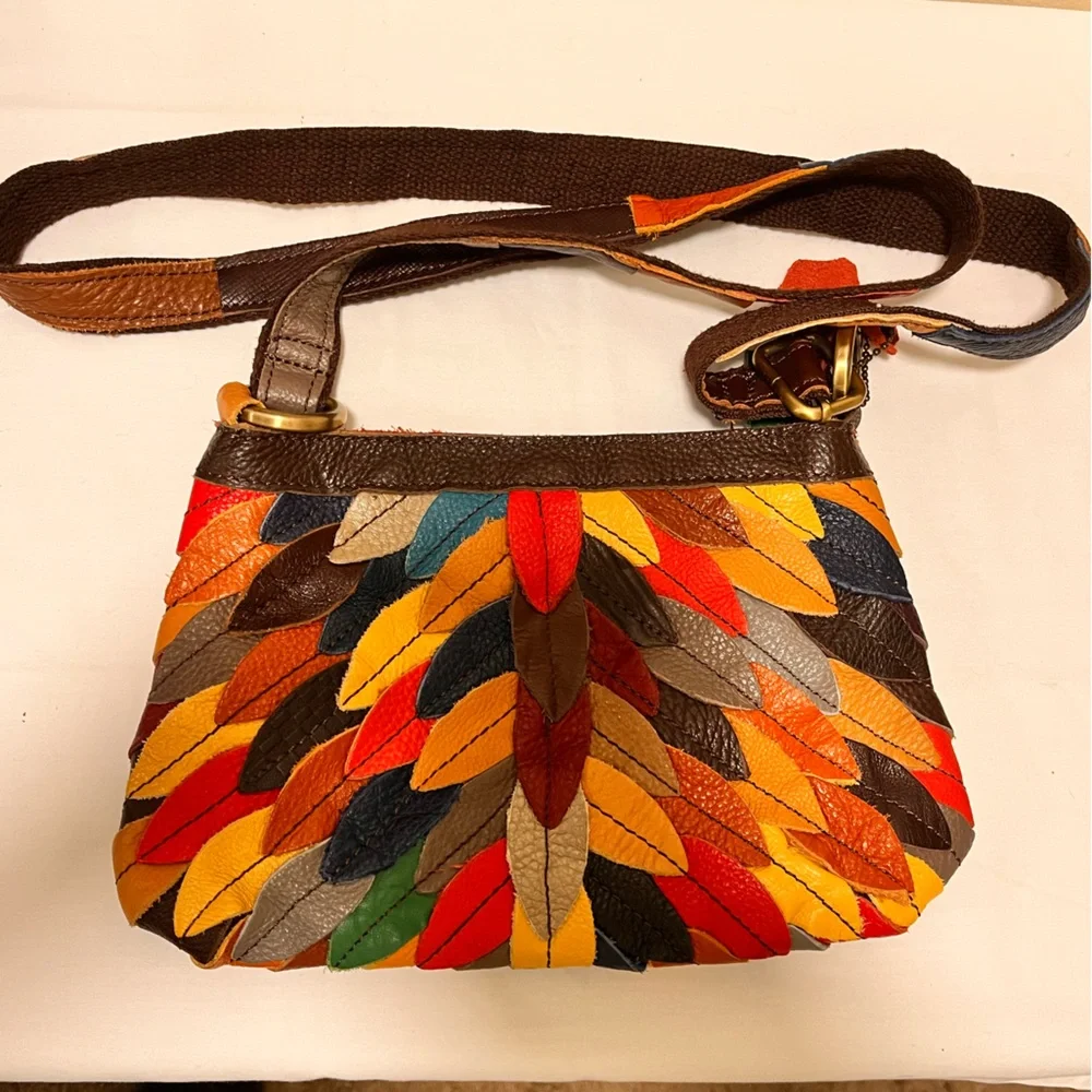 Vintage Leather Leaflet Covered Shoulder Bag, Boho with multicolored leaflets. - Picture 2 of 7